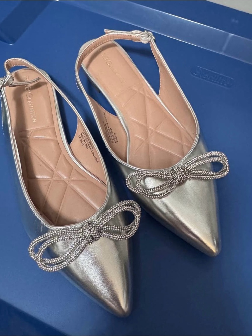 BCBG Metallic Silver Pointed Slingback Flats with Crystal Bow